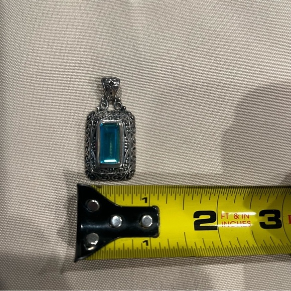 Sterling Silver Rectangle Blue Aura Quartz Filigree Pendant Necklace Charm - Picture 7 of 9